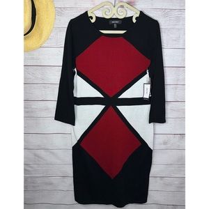 Nine West Dress Size M Fire Red Black & White Multi 3/4 Sleeve